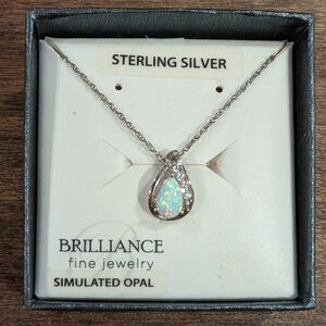 Sterling Silver Simulated Opal Teardrop Necklace - White Opal